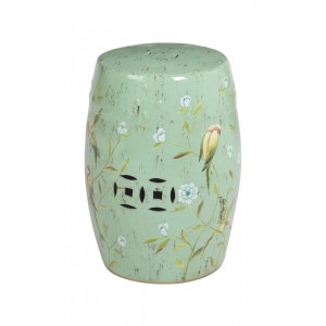 SAGE GREEN SMALL TABLE/STOOL WITH TROPICAL BIRD DESIGN